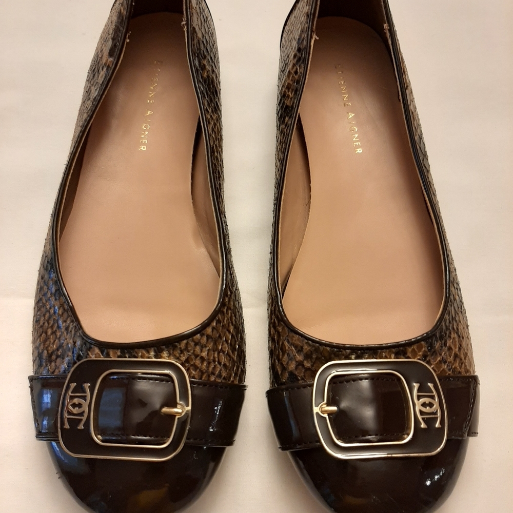 Etienne Aigner Snake Print Brown Flats